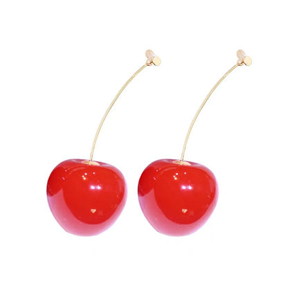 Modern And Chic Dark Cherry Simple Toggle Closure Earrings, Dangle Drop Fruit Earrings, Red And Silver Finish, Nickel Free, For Women And Girls