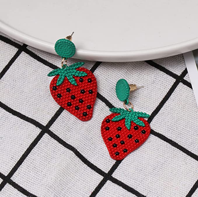 Bohemian Beaded Metal Strawberry Dangle Earring With Green Lobe Cover, Push Back Closure, Black, Red And Green Beads, Realistic Strawberry Charm