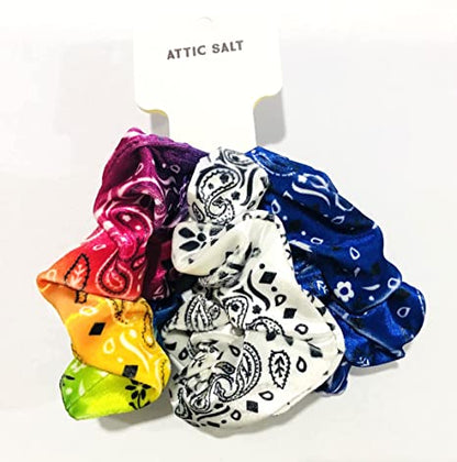 3-Pack Large Soft Velvet-Like Bandana Print Hair Scrunchies for Women and Girls, Elastic Tie for All Hair Types , Rainbow, White, Blue