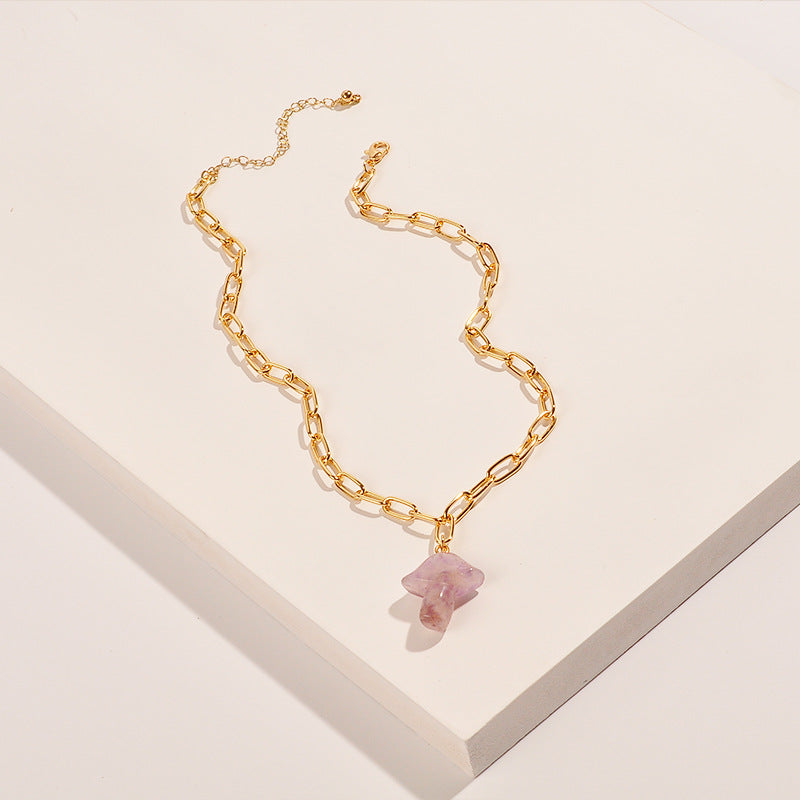 Semi-Precious Crystals Chain Necklace With Mushroom Pendant Charm, Gold Finish, Lobster Claw Closure, Costume Jewelry, For Women