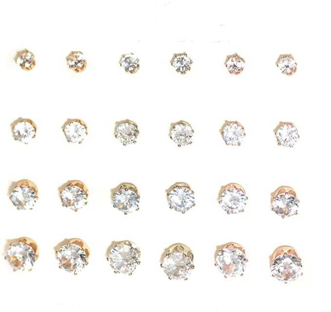 Mixed Metal CZ Stud Earrings For Women and Girls, 3 Sizes, Gold Silver Rose Gold Finish, Assortment of 12, Clear Push Back Closure