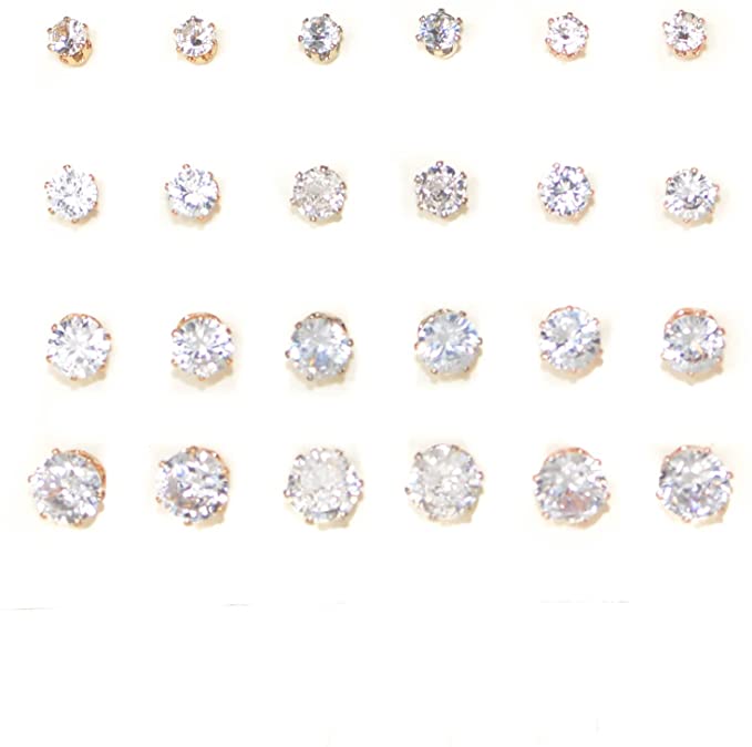 Mixed Metal CZ Stud Earrings For Women and Girls, 3 Sizes, Gold Silver Rose Gold Finish, Assortment of 12, Clear Push Back Closure