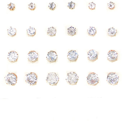 Mixed Metal CZ Stud Earrings For Women and Girls, 3 Sizes, Gold Silver Rose Gold Finish, Assortment of 12, Clear Push Back Closure