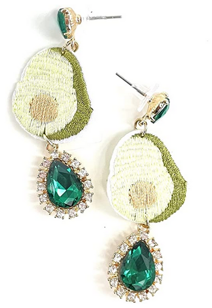 Felt Applique And Jewel Enhanced Avocado Dangle Earrings, Lime And Hunter Green Jewelry, Push Back Closure, Dangle Gem With Halo, 4" Dangle Earrings For Women