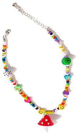 Multicolor Beaded Necklace With Smiley Faces, Hearts, Dice, and Mushroom Pendant, Lobster Claw Closure, Costume Jewelry, For Women