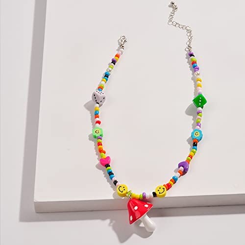 Multicolor Beaded Necklace With Smiley Faces, Hearts, Dice, and Mushroom Pendant, Lobster Claw Closure, Costume Jewelry, For Women