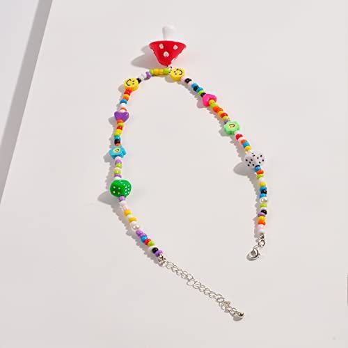 Multicolor Beaded Necklace With Smiley Faces, Hearts, Dice, and Mushroom Pendant, Lobster Claw Closure, Costume Jewelry, For Women