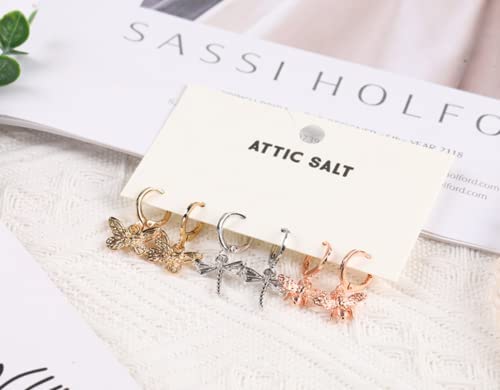 Insect Charm Mixed Metal Mini Hoop Earrings, Gold Butterfly, Silver Dragonfly, Rose Gold Bee, 3-Pack, For Women And Girls