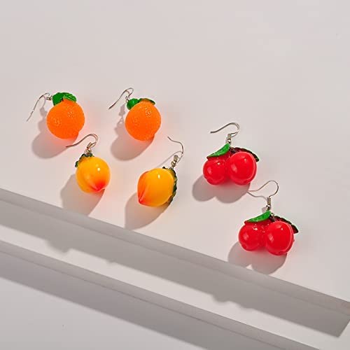 3-Pairs of Oversized/Large Fruit Charm Dangle Earrings, Featuring Cherry, Orange, Peach, 1 Set Of Each Fruit, Fish Hook Closure, For Women