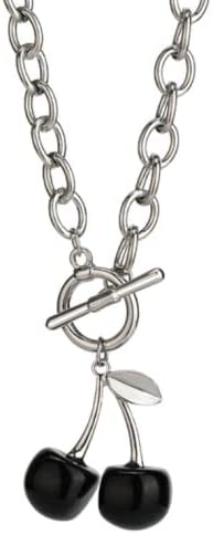 Punk Inspired, Heavy Chain SIlver Necklace With Sweet Large Cherry Charm, For Women, Adjustable Toggle Closure