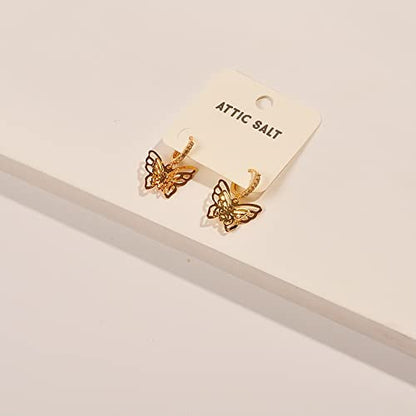 Layered Butterfly With Crystal Detail Huggie Hoop Earring, 90's Inspired Jewelry, Gold Finish, Nickel Free, For Women And Girls