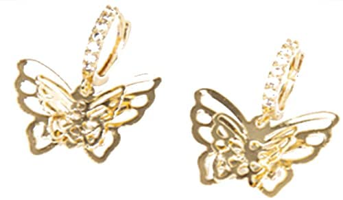 Layered Butterfly With Crystal Detail Huggie Hoop Earring, 90's Inspired Jewelry, Gold Finish, Nickel Free, For Women And Girls