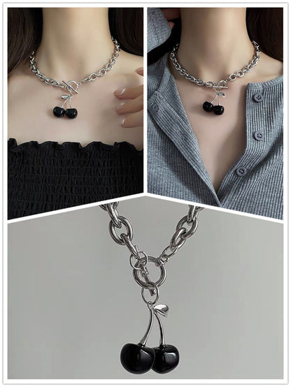 Punk Inspired, Heavy Chain SIlver Necklace With Sweet Large Cherry Charm, For Women, Adjustable Toggle Closure