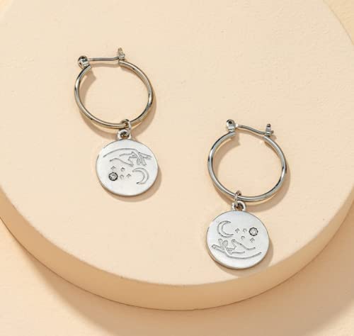 Spiritual Hand And Moon Gold Coin Hoop Earring, Huggie Hoop Closure, Disc Charm, Astronomy Inspired, For Women And Girls