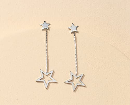 Double Linear Star Dangle Earring, Dainty Dangle Chain, Large And Small Star, Metal Push Back Closure, For Women And Girls