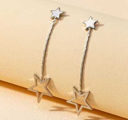 Double Linear Star Dangle Earring, Dainty Dangle Chain, Large And Small Star, Metal Push Back Closure, For Women And Girls