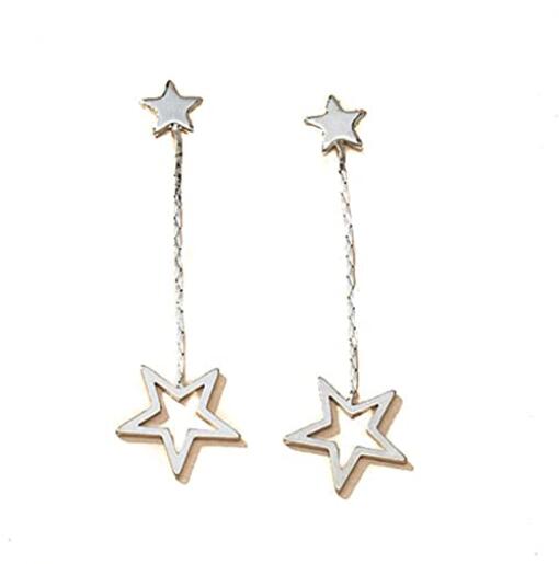 Double Linear Star Dangle Earring, Dainty Dangle Chain, Large And Small Star, Metal Push Back Closure, For Women And Girls