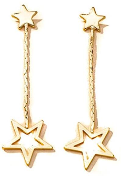 Double Linear Star Dangle Earring, Dainty Dangle Chain, Large And Small Star, Metal Push Back Closure, For Women And Girls