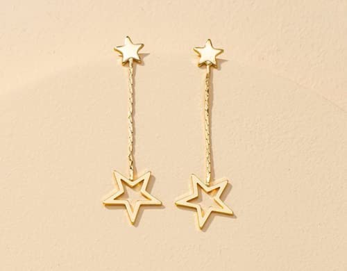 Double Linear Star Dangle Earring, Dainty Dangle Chain, Large And Small Star, Metal Push Back Closure, For Women And Girls