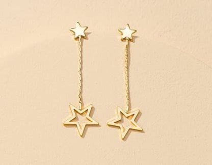 Double Linear Star Dangle Earring, Dainty Dangle Chain, Large And Small Star, Metal Push Back Closure, For Women And Girls