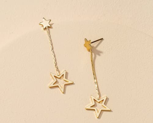 Double Linear Star Dangle Earring, Dainty Dangle Chain, Large And Small Star, Metal Push Back Closure, For Women And Girls