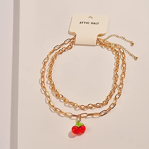 Punk Double Chain Necklace With Cherries Pendant Charm, Gold Finish, Lobster Claw Closure, Costume Jewelry, For Women