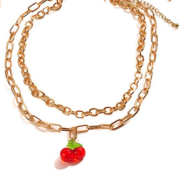 Punk Double Chain Necklace With Cherries Pendant Charm, Gold Finish, Lobster Claw Closure, Costume Jewelry, For Women