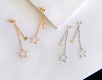 Double Drop Star Earring, Dainty Dangle Chain, Large And Small Star, Metal Push Back Closure, For Women And Girls