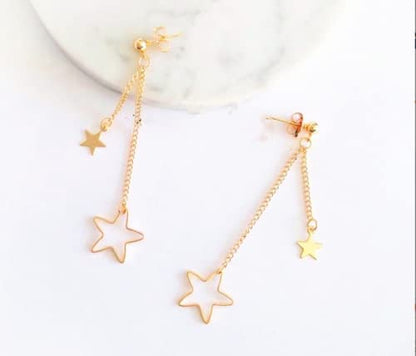 Double Drop Star Earring, Dainty Dangle Chain, Large And Small Star, Metal Push Back Closure, For Women And Girls