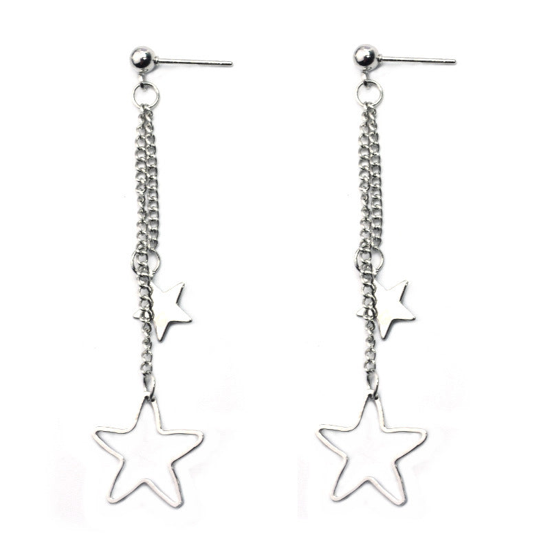 Double Drop Star Earring, Dainty Dangle Chain, Large And Small Star, Metal Push Back Closure, For Women And Girls