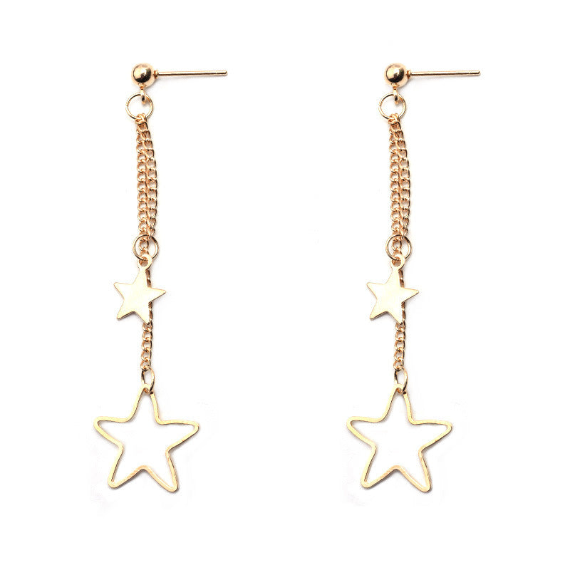 Double Drop Star Earring, Dainty Dangle Chain, Large And Small Star, Metal Push Back Closure, For Women And Girls