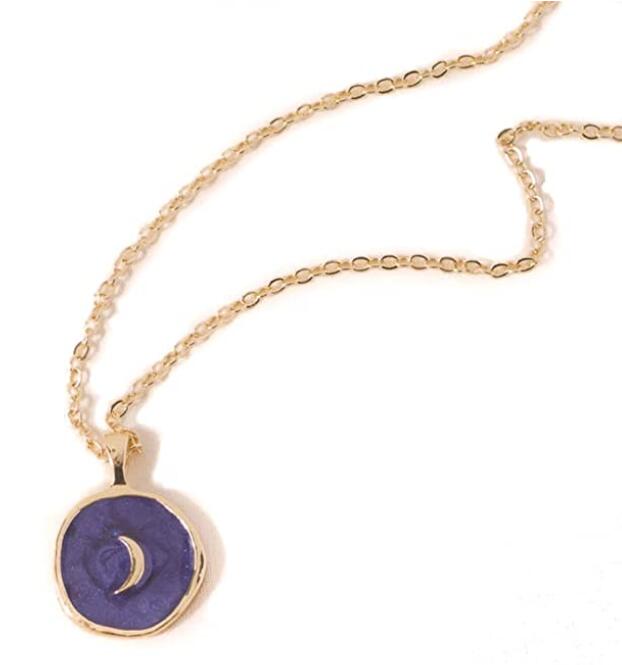 Simple Dainty Enamel Disc Pendant Necklace With Moon/Star Icon, Gold With Purple Disc, Chain 16 Inch Adjustable For Women, Necklace, Lobster Claw Closure