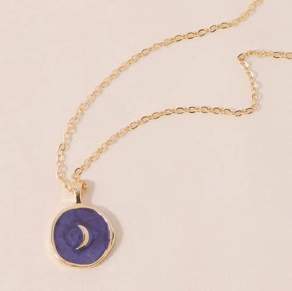 Simple Dainty Enamel Disc Pendant Necklace With Moon/Star Icon, Gold With Purple Disc, Chain 16 Inch Adjustable For Women, Necklace, Lobster Claw Closure