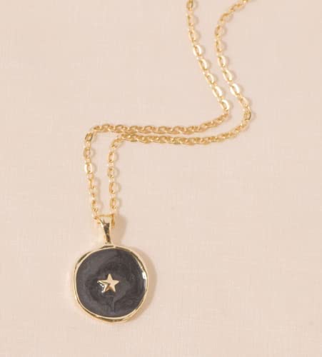 Simple Dainty Enamel Disc Pendant Necklace With Moon/Star Icon, Gold With Purple Disc, Chain 16 Inch Adjustable For Women, Necklace, Lobster Claw Closure