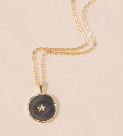 Simple Dainty Enamel Disc Pendant Necklace With Moon/Star Icon, Gold With Purple Disc, Chain 16 Inch Adjustable For Women, Necklace, Lobster Claw Closure