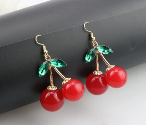 Sweet And Sassy Cherry Fish Hook Earrings, Dangle Drop Cherry Fruit Earrings, Red And Silver Finish, Nickel Free, For Women And Girls