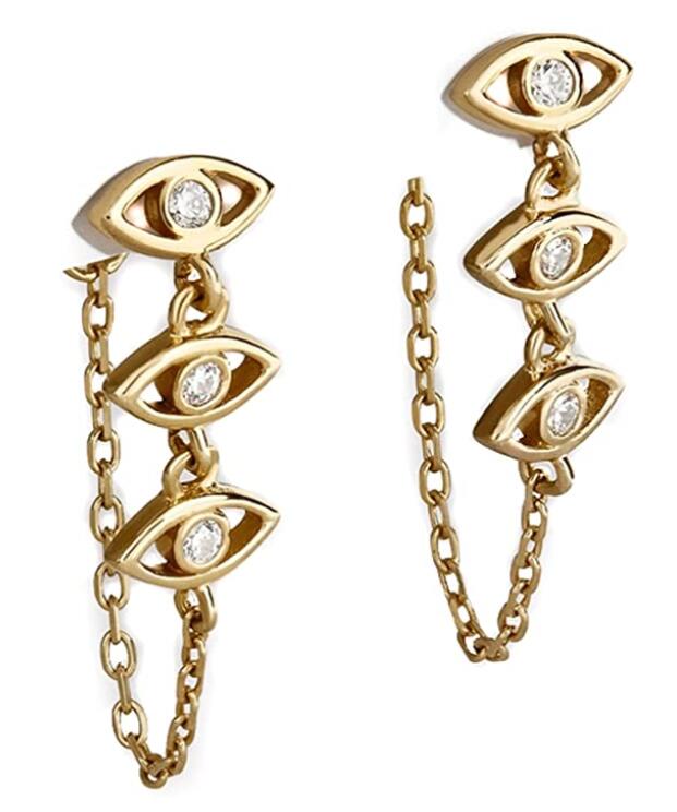 Linear Dangle Evil Eye Earring, Gold And Crystal Finish, Metal Push Back Closure, Three Evil Eye Charms, For Women And Girls