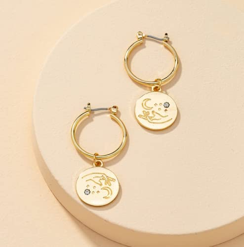 Spiritual Hand And Moon Gold Coin Hoop Earring, Huggie Hoop Closure, Disc Charm, Astronomy Inspired, For Women And Girls