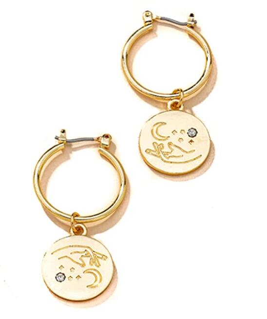 Spiritual Hand And Moon Gold Coin Hoop Earring, Huggie Hoop Closure, Disc Charm, Astronomy Inspired, For Women And Girls