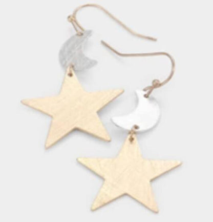 Mini Moon And Star Dangle Earrings, Dainty Thin Design, Gold And Silver Finish, Fish Hook Closure, For Women And Girls