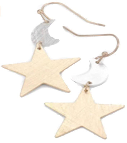 Mini Moon And Star Dangle Earrings, Dainty Thin Design, Gold And Silver Finish, Fish Hook Closure, For Women And Girls