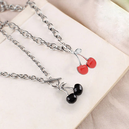 Punk Inspired, Heavy Chain SIlver Necklace With Sweet Large Cherry Charm, For Women, Adjustable Toggle Closure