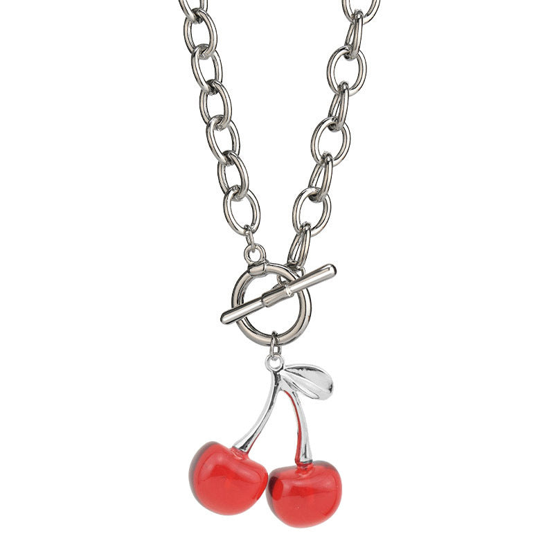 Punk Inspired, Heavy Chain SIlver Necklace With Sweet Large Cherry Charm, For Women, Adjustable Toggle Closure