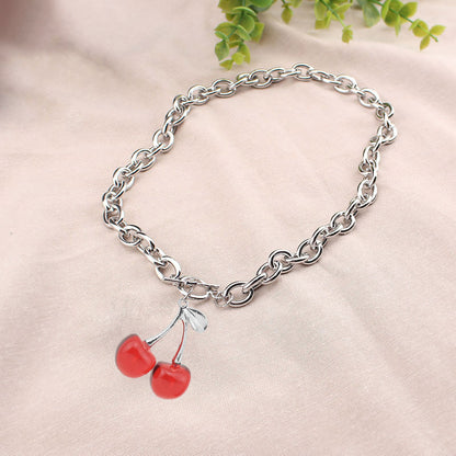 Punk Inspired, Heavy Chain SIlver Necklace With Sweet Large Cherry Charm, For Women, Adjustable Toggle Closure