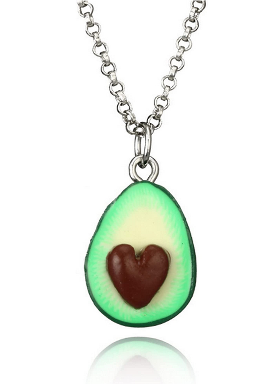 Realistic 3D Avocado Pendant Necklace, Dainty Silver Finish Chain, Lobster Claw Closure, One Side With Heart Pit, Food Inspired Jewelry, Green And Brown, For Women